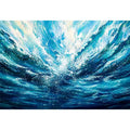 Bright abstract ocean wave wall art featuring flowing blue water textures, dynamic coastal movement, and airy modern painterly styling.