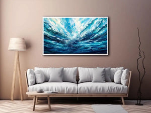 Bright abstract ocean wave wall art featuring flowing blue water textures, dynamic coastal movement, and airy modern painterly styling.