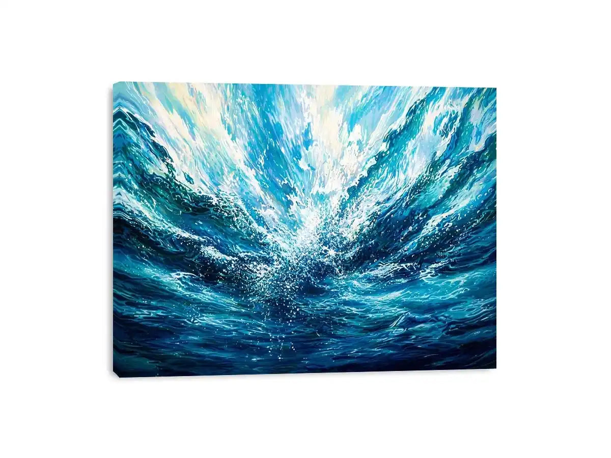Bright abstract ocean wave wall art featuring flowing blue water textures, dynamic coastal movement, and airy modern painterly styling.