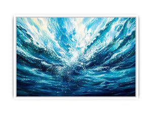 Bright abstract ocean wave wall art featuring flowing blue water textures, dynamic coastal movement, and airy modern painterly styling.