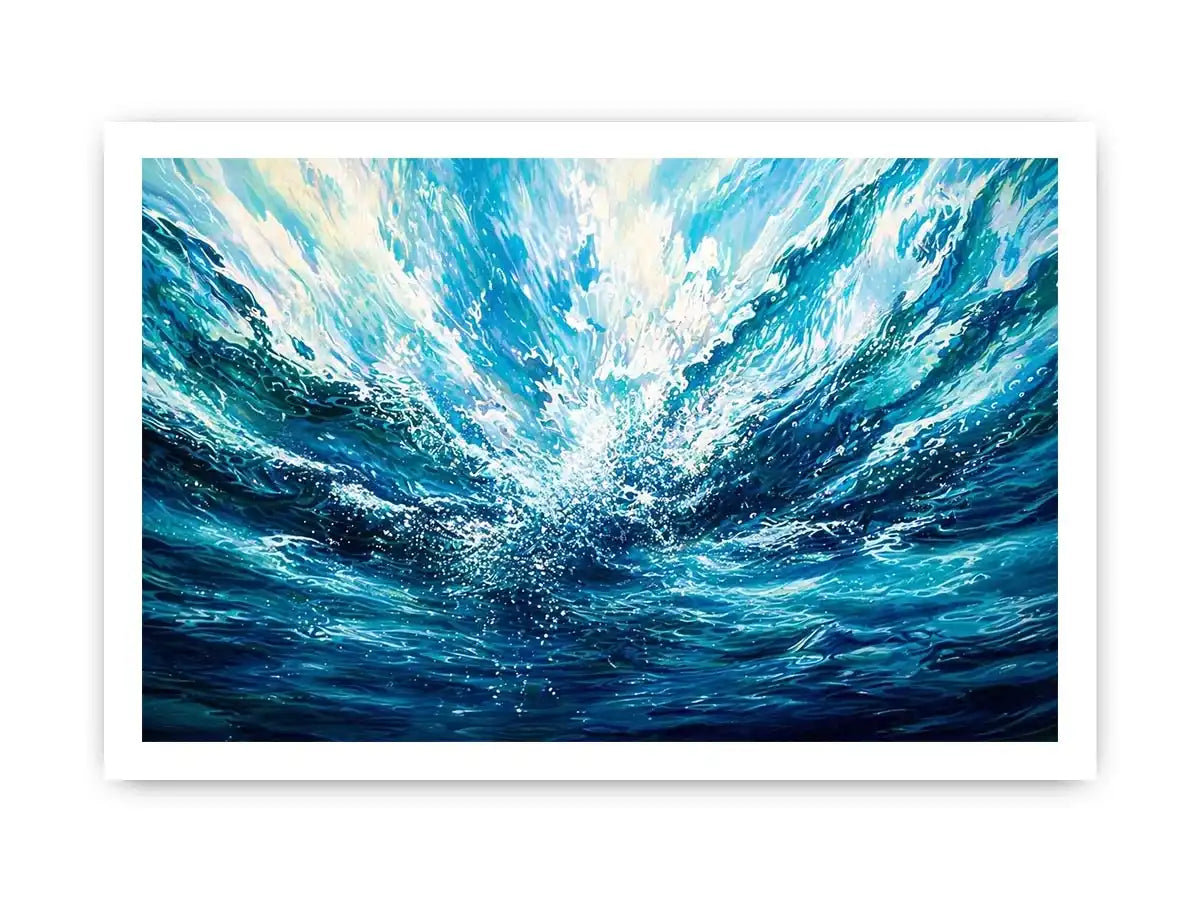 Bright abstract ocean wave wall art featuring flowing blue water textures, dynamic coastal movement, and airy modern painterly styling.