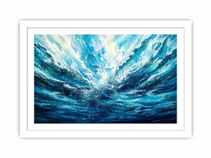 Bright abstract ocean wave wall art featuring flowing blue water textures, dynamic coastal movement, and airy modern painterly styling.