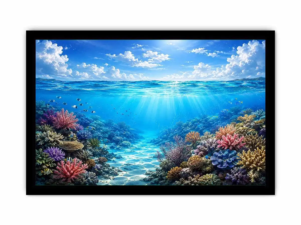Bright coastal ocean reef wall art featuring tranquil underwater coral scenery with crystal blue water, tropical marine life, and airy natural light.