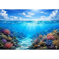 Bright coastal ocean reef wall art featuring tranquil underwater coral scenery with crystal blue water, tropical marine life, and airy natural light.