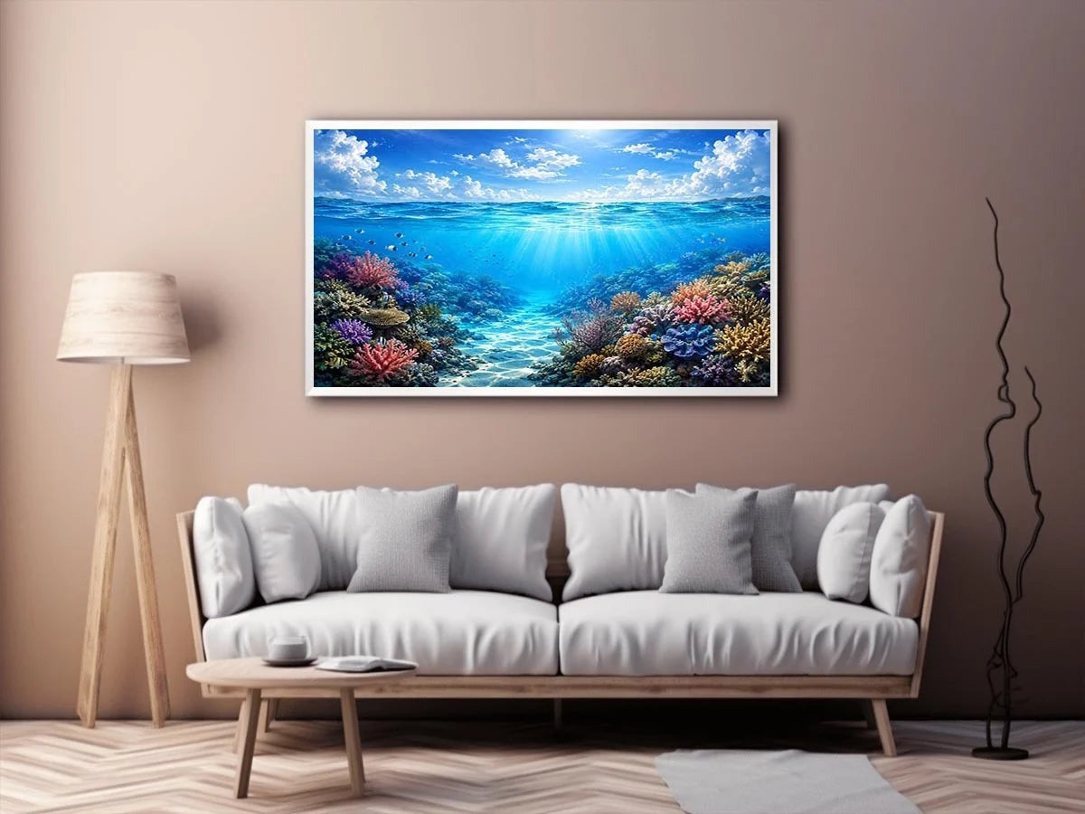 Bright coastal ocean reef wall art featuring tranquil underwater coral scenery with crystal blue water, tropical marine life, and airy natural light.