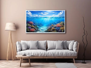 Bright coastal ocean reef wall art featuring tranquil underwater coral scenery with crystal blue water, tropical marine life, and airy natural light.