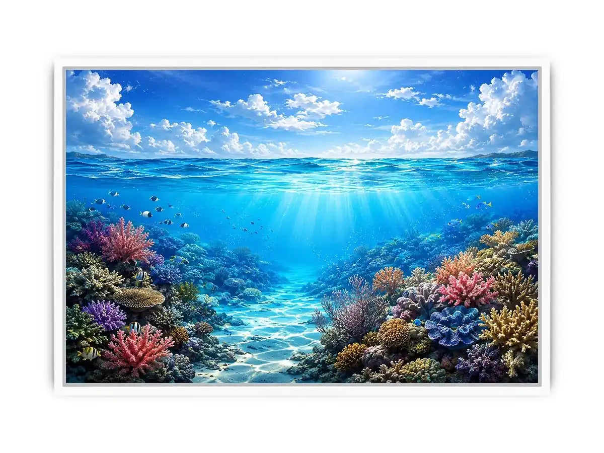 Bright coastal ocean reef wall art featuring tranquil underwater coral scenery with crystal blue water, tropical marine life, and airy natural light.