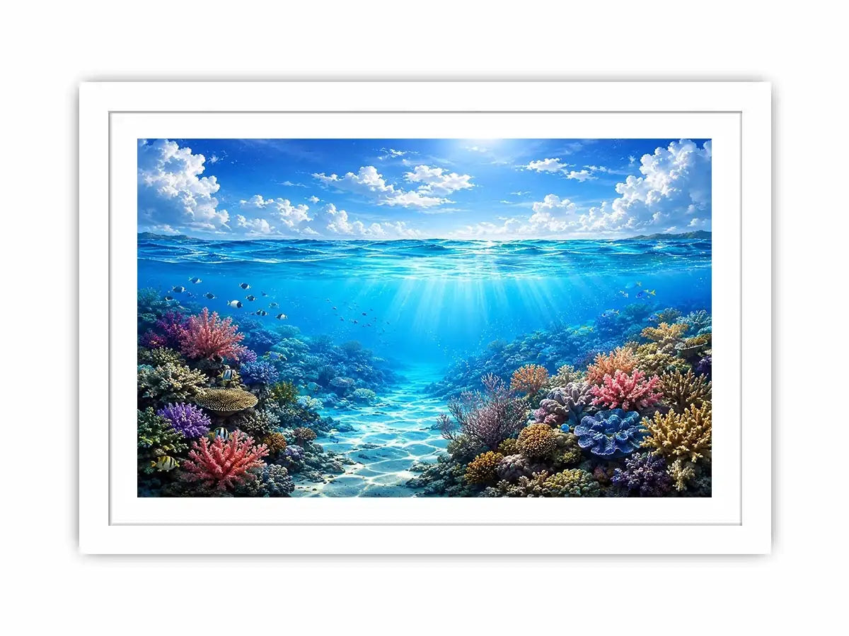 Bright coastal ocean reef wall art featuring tranquil underwater coral scenery with crystal blue water, tropical marine life, and airy natural light.