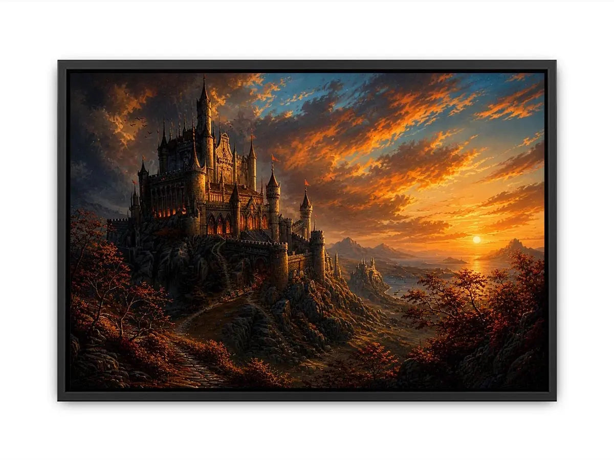Epic fantasy castle on a mountain with glowing sunset sky and dramatic landscape