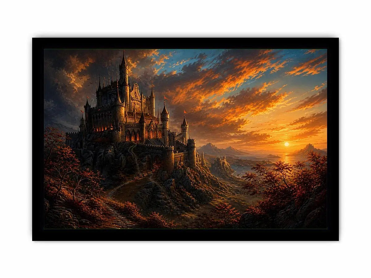 Epic fantasy castle on a mountain with glowing sunset sky and dramatic landscape