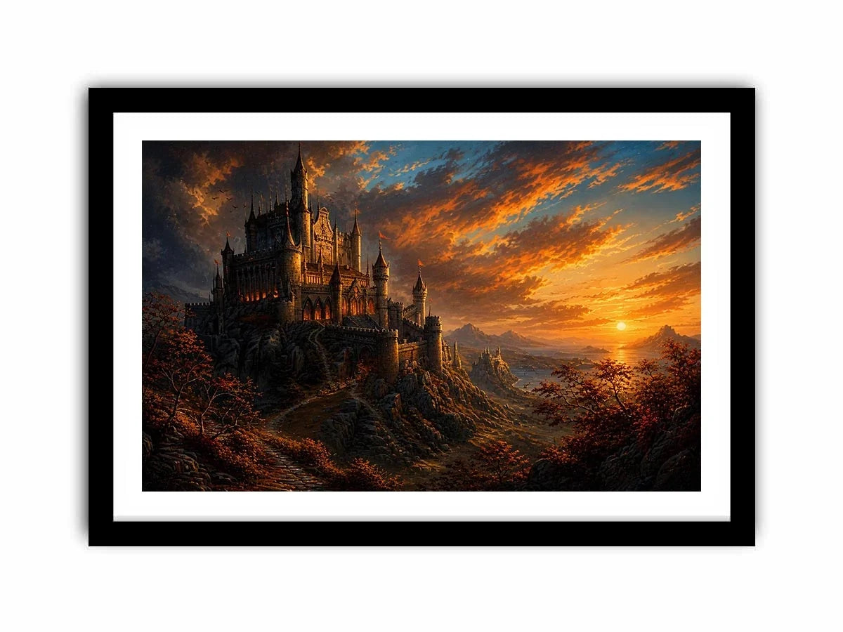 Epic fantasy castle on a mountain with glowing sunset sky and dramatic landscape