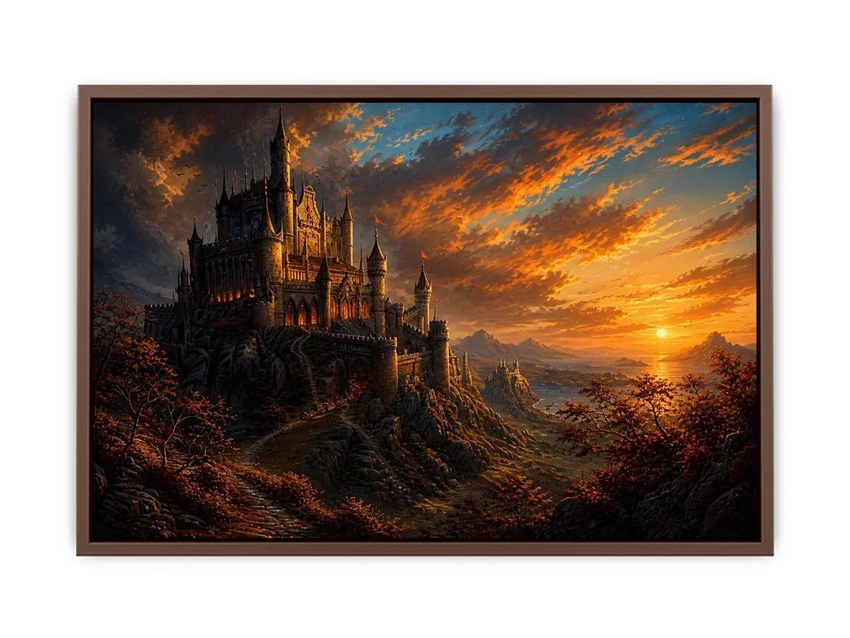 Epic fantasy castle on a mountain with glowing sunset sky and dramatic landscape