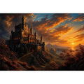 Epic fantasy castle on a mountain with glowing sunset sky and dramatic landscape