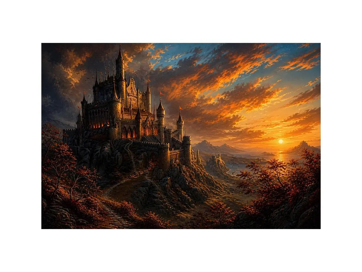 Epic fantasy castle on a mountain with glowing sunset sky and dramatic landscape