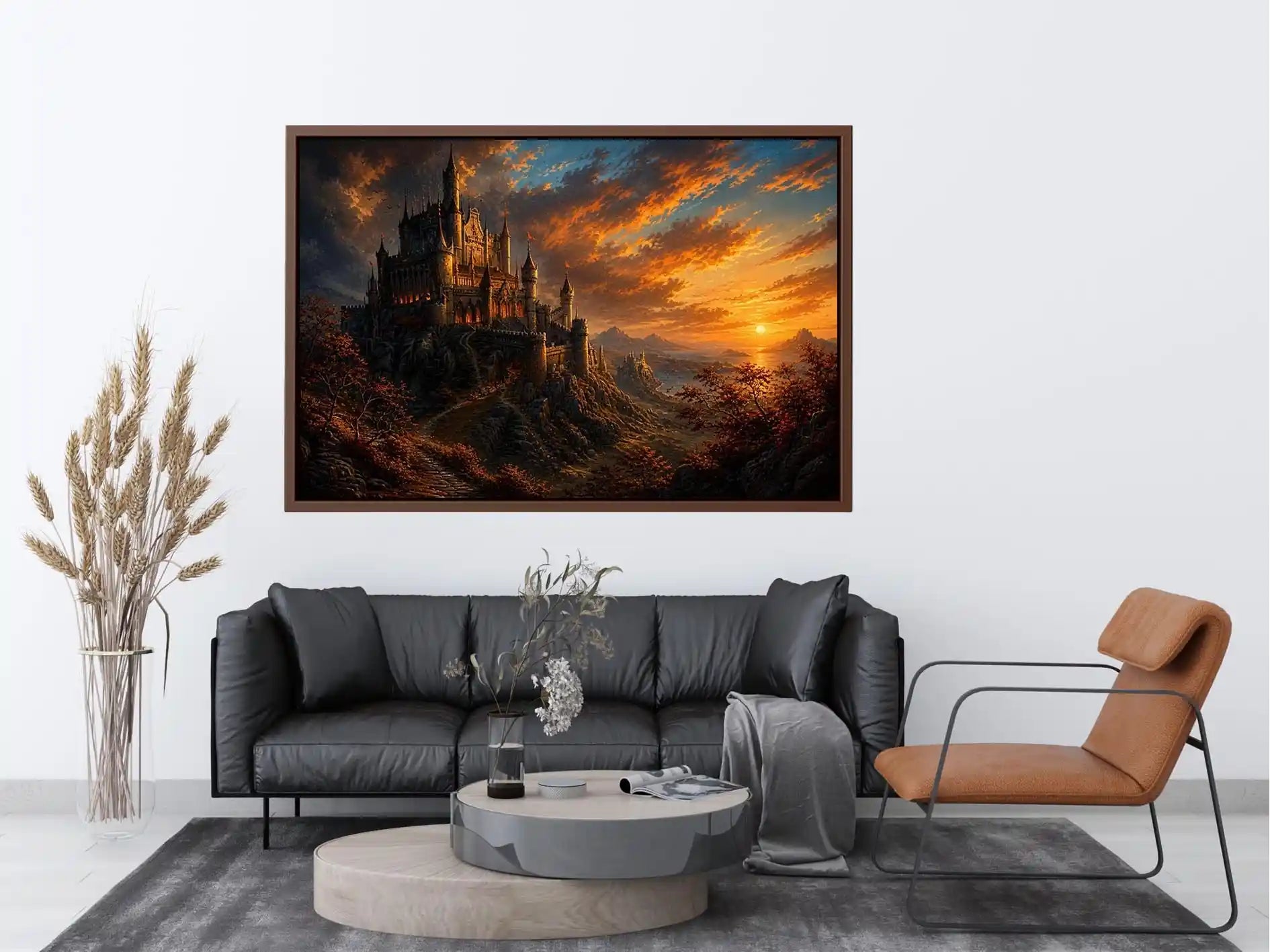 Epic fantasy castle on a mountain with glowing sunset sky and dramatic landscape