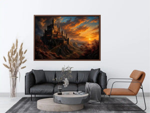 Epic fantasy castle on a mountain with glowing sunset sky and dramatic landscape
