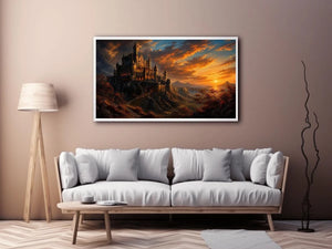 Epic fantasy castle on a mountain with glowing sunset sky and dramatic landscape