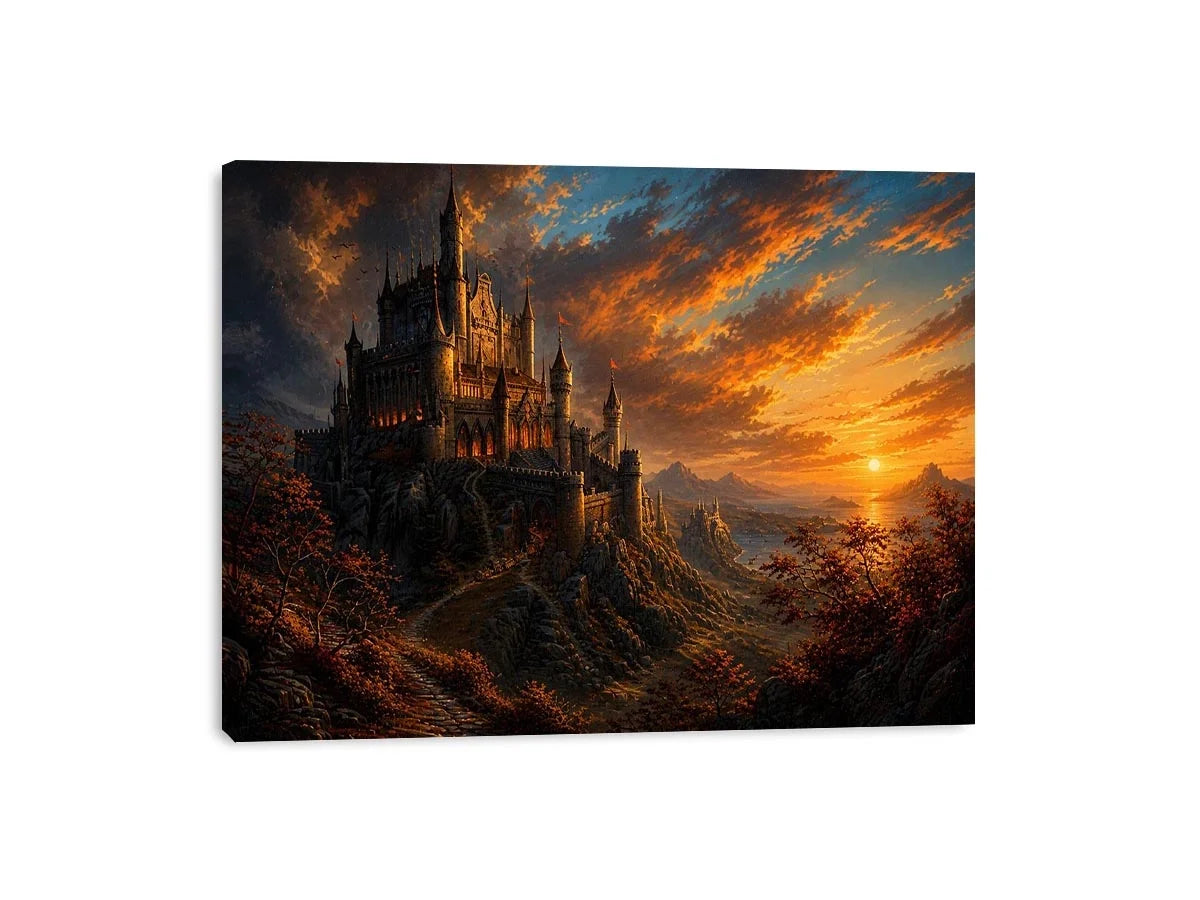 Epic fantasy castle on a mountain with glowing sunset sky and dramatic landscape