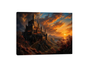 Epic fantasy castle on a mountain with glowing sunset sky and dramatic landscape