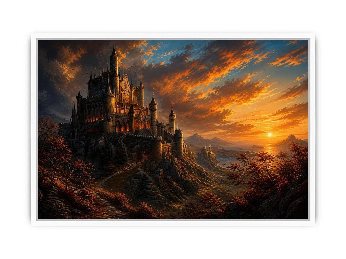 Epic fantasy castle on a mountain with glowing sunset sky and dramatic landscape