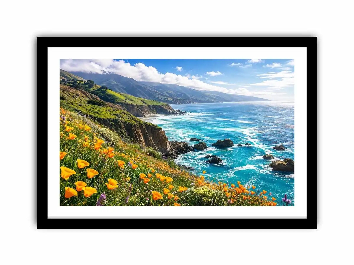 Bright coastal cliff landscape wall art featuring turquoise ocean waves, dramatic rocky coastline, and vibrant wildflowers under soft natural daylight.