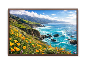 Bright coastal cliff landscape wall art featuring turquoise ocean waves, dramatic rocky coastline, and vibrant wildflowers under soft natural daylight.