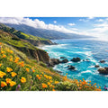 Bright coastal cliff landscape wall art featuring turquoise ocean waves, dramatic rocky coastline, and vibrant wildflowers under soft natural daylight.