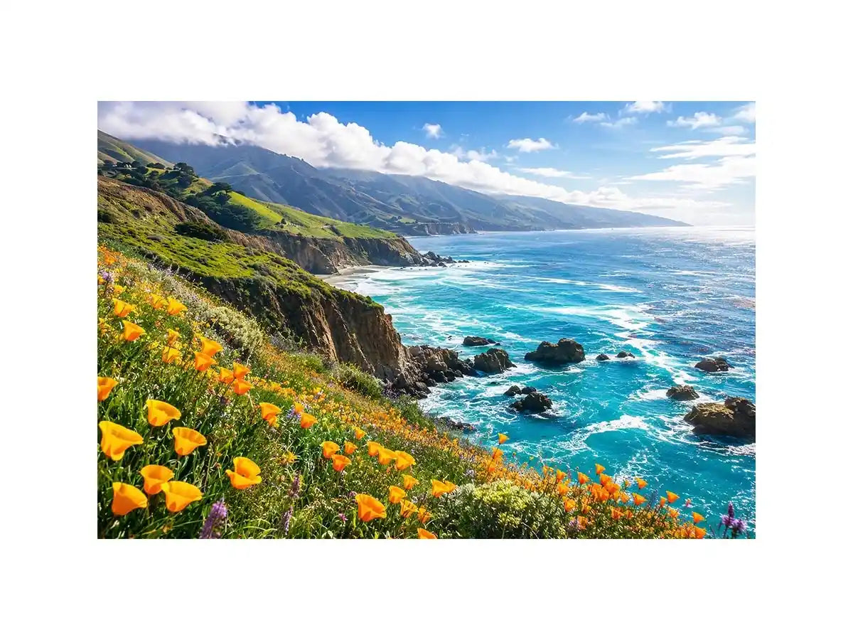Bright coastal cliff landscape wall art featuring turquoise ocean waves, dramatic rocky coastline, and vibrant wildflowers under soft natural daylight.