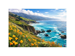 Bright coastal cliff landscape wall art featuring turquoise ocean waves, dramatic rocky coastline, and vibrant wildflowers under soft natural daylight.