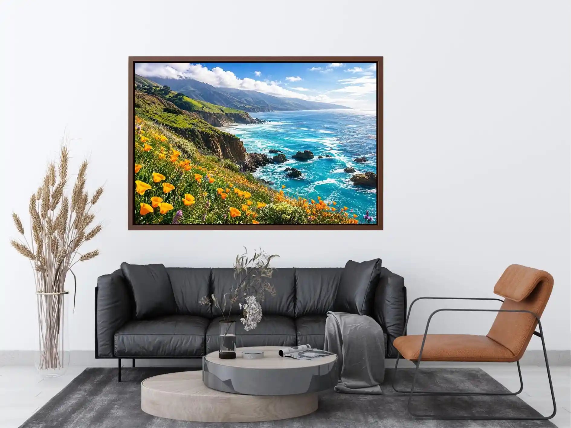 Bright coastal cliff landscape wall art featuring turquoise ocean waves, dramatic rocky coastline, and vibrant wildflowers under soft natural daylight.