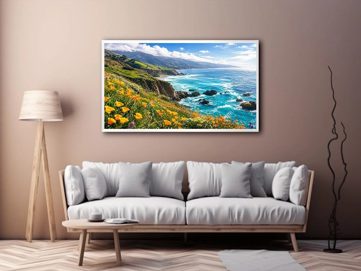 Bright coastal cliff landscape wall art featuring turquoise ocean waves, dramatic rocky coastline, and vibrant wildflowers under soft natural daylight.