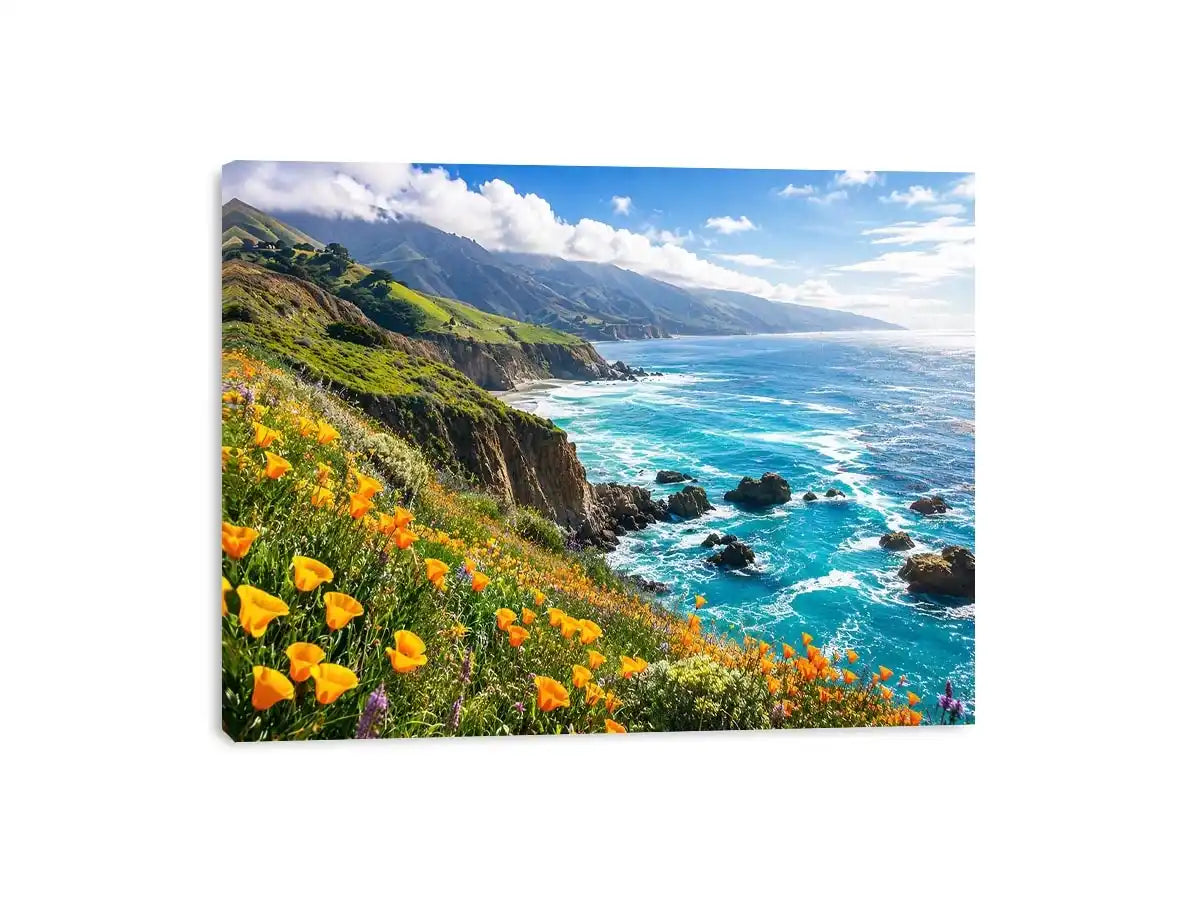Bright coastal cliff landscape wall art featuring turquoise ocean waves, dramatic rocky coastline, and vibrant wildflowers under soft natural daylight.