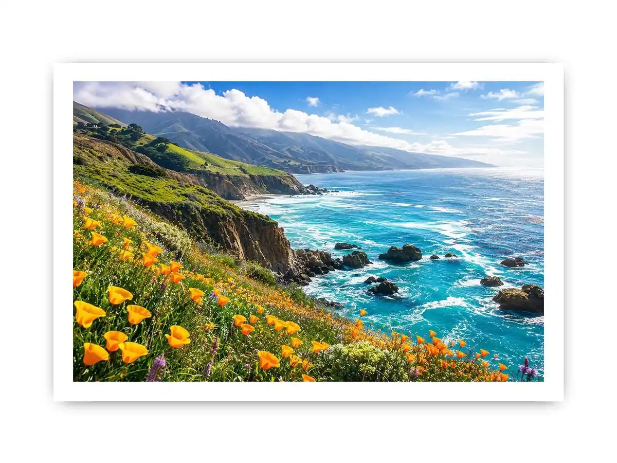 Bright coastal cliff landscape wall art featuring turquoise ocean waves, dramatic rocky coastline, and vibrant wildflowers under soft natural daylight.