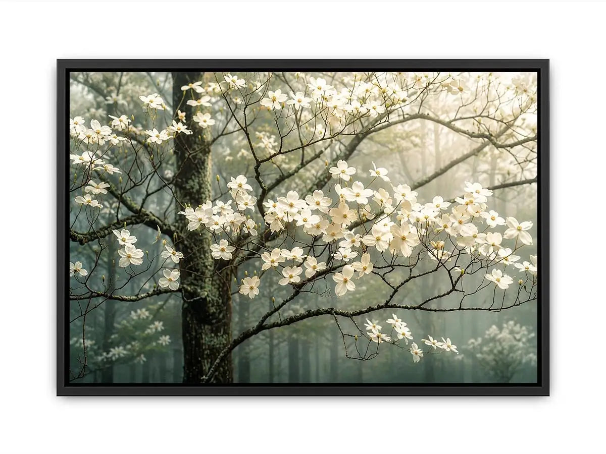 Soft magnolia blossom wall art featuring delicate white flowers on misty woodland branches with calming neutral tones and elegant botanical styling.