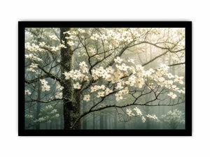 Soft magnolia blossom wall art featuring delicate white flowers on misty woodland branches with calming neutral tones and elegant botanical styling.