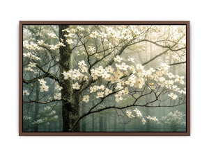 Soft magnolia blossom wall art featuring delicate white flowers on misty woodland branches with calming neutral tones and elegant botanical styling.