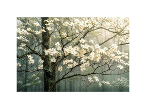 Soft magnolia blossom wall art featuring delicate white flowers on misty woodland branches with calming neutral tones and elegant botanical styling.