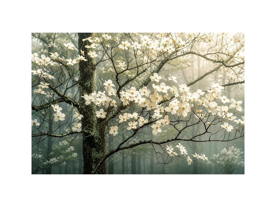 Soft magnolia blossom wall art featuring delicate white flowers on misty woodland branches with calming neutral tones and elegant botanical styling.