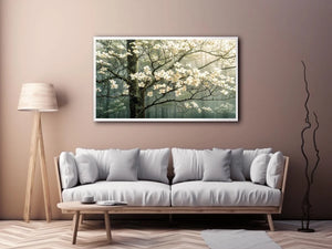 Soft magnolia blossom wall art featuring delicate white flowers on misty woodland branches with calming neutral tones and elegant botanical styling.