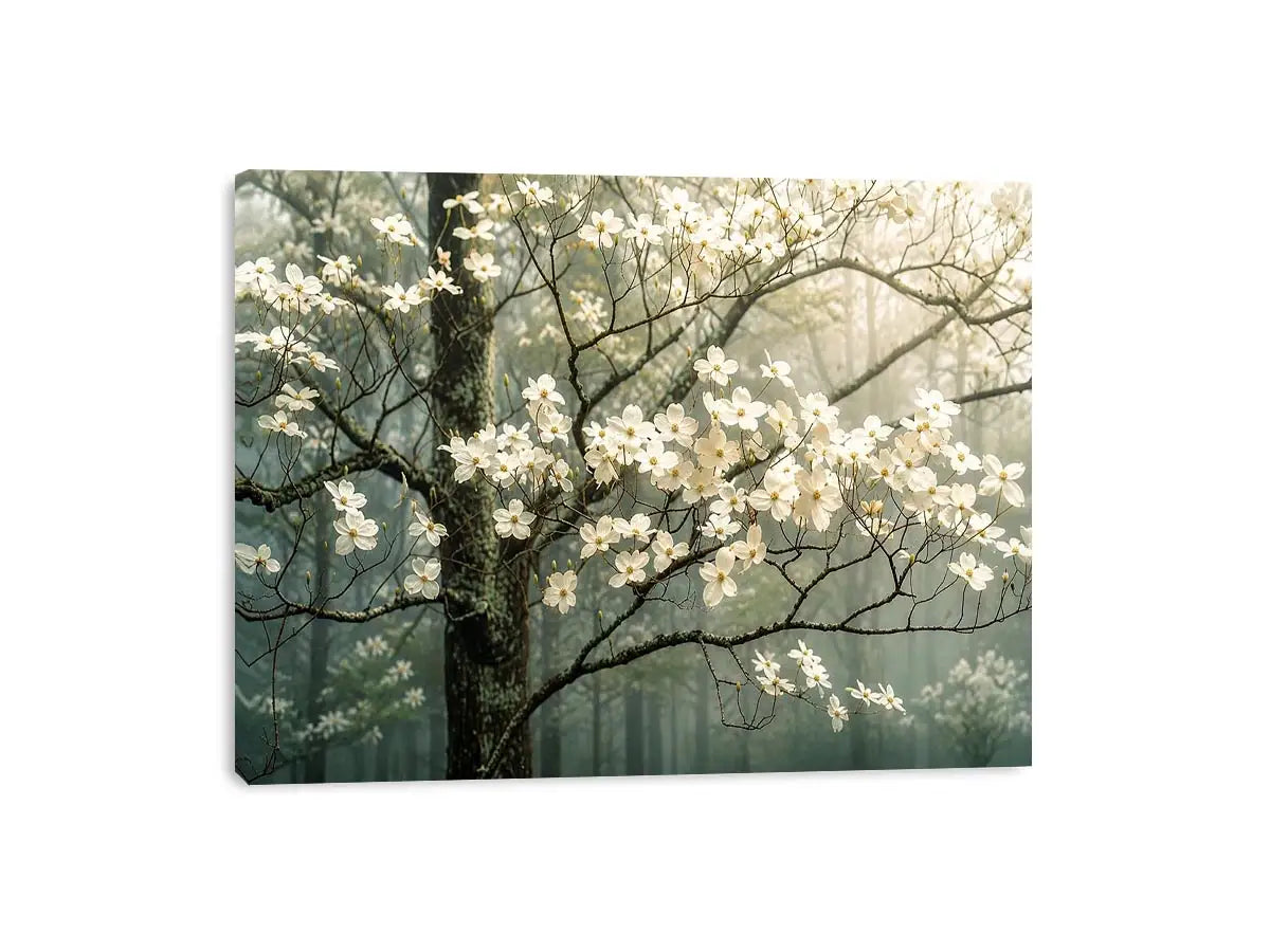 Soft magnolia blossom wall art featuring delicate white flowers on misty woodland branches with calming neutral tones and elegant botanical styling.