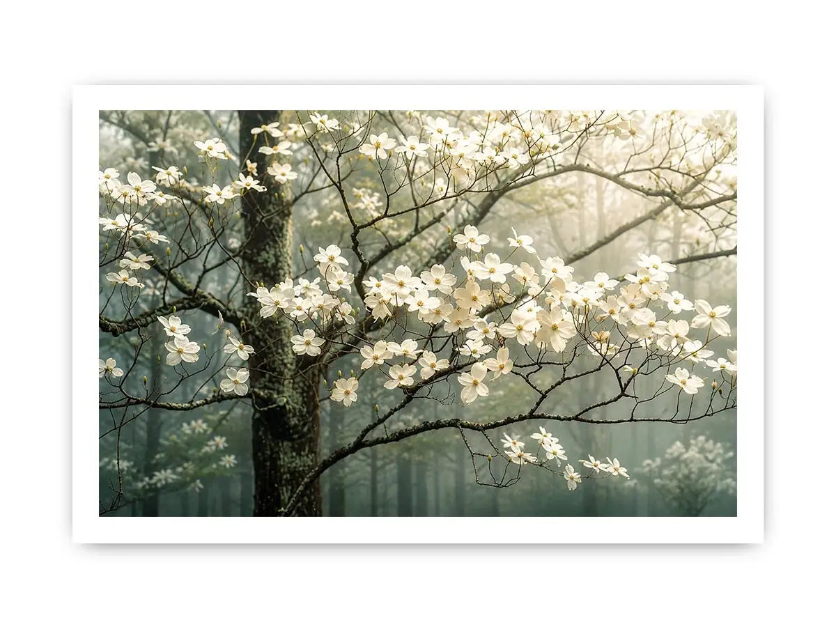 Soft magnolia blossom wall art featuring delicate white flowers on misty woodland branches with calming neutral tones and elegant botanical styling.