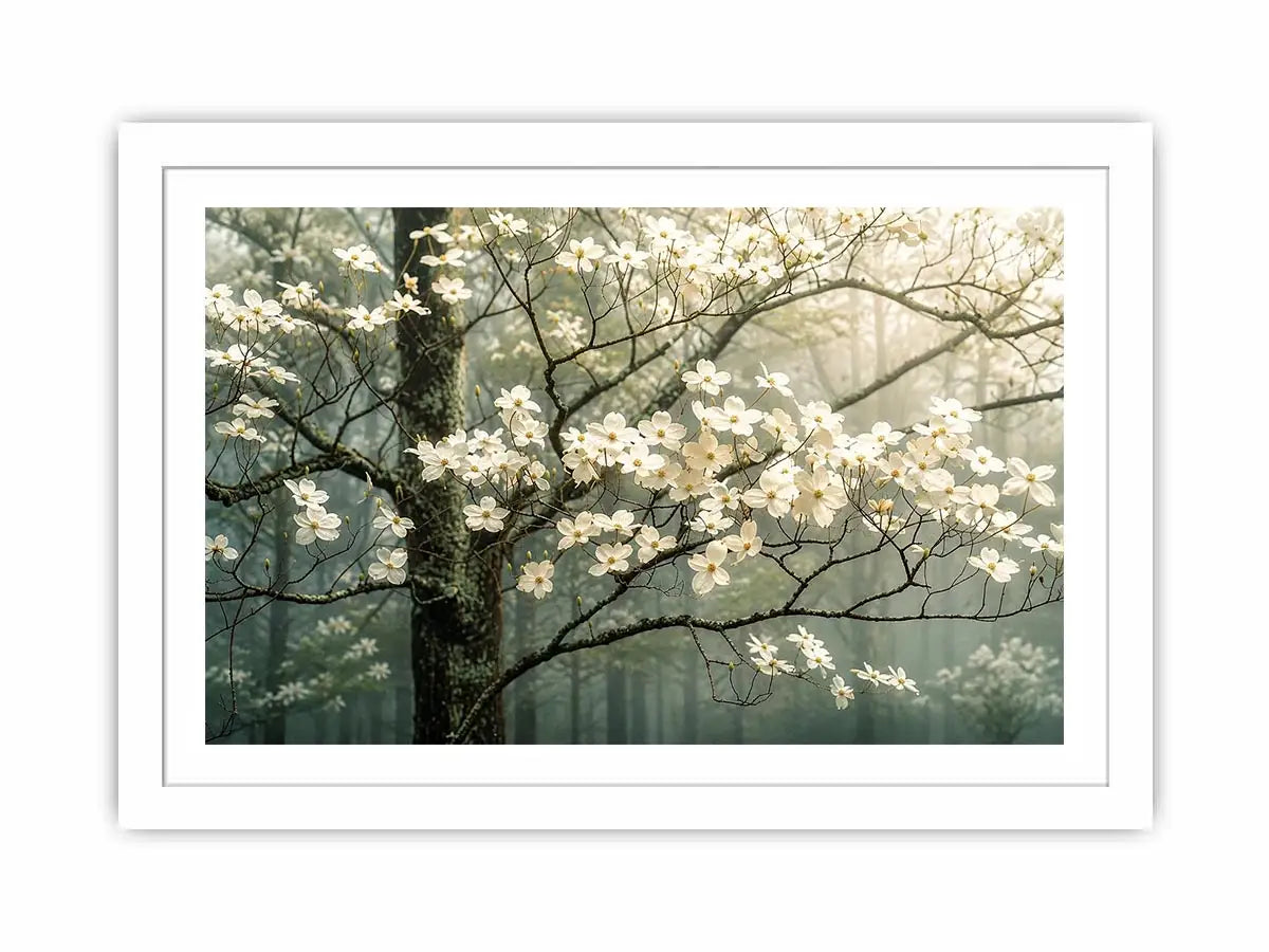 Soft magnolia blossom wall art featuring delicate white flowers on misty woodland branches with calming neutral tones and elegant botanical styling.