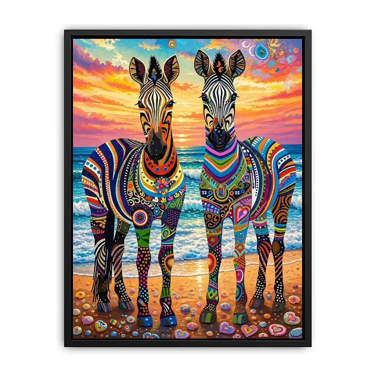 Bright colorful zebra pop art wall art featuring vibrant patterned wildlife illustrations on a dreamy coastal background with bold artistic detail.