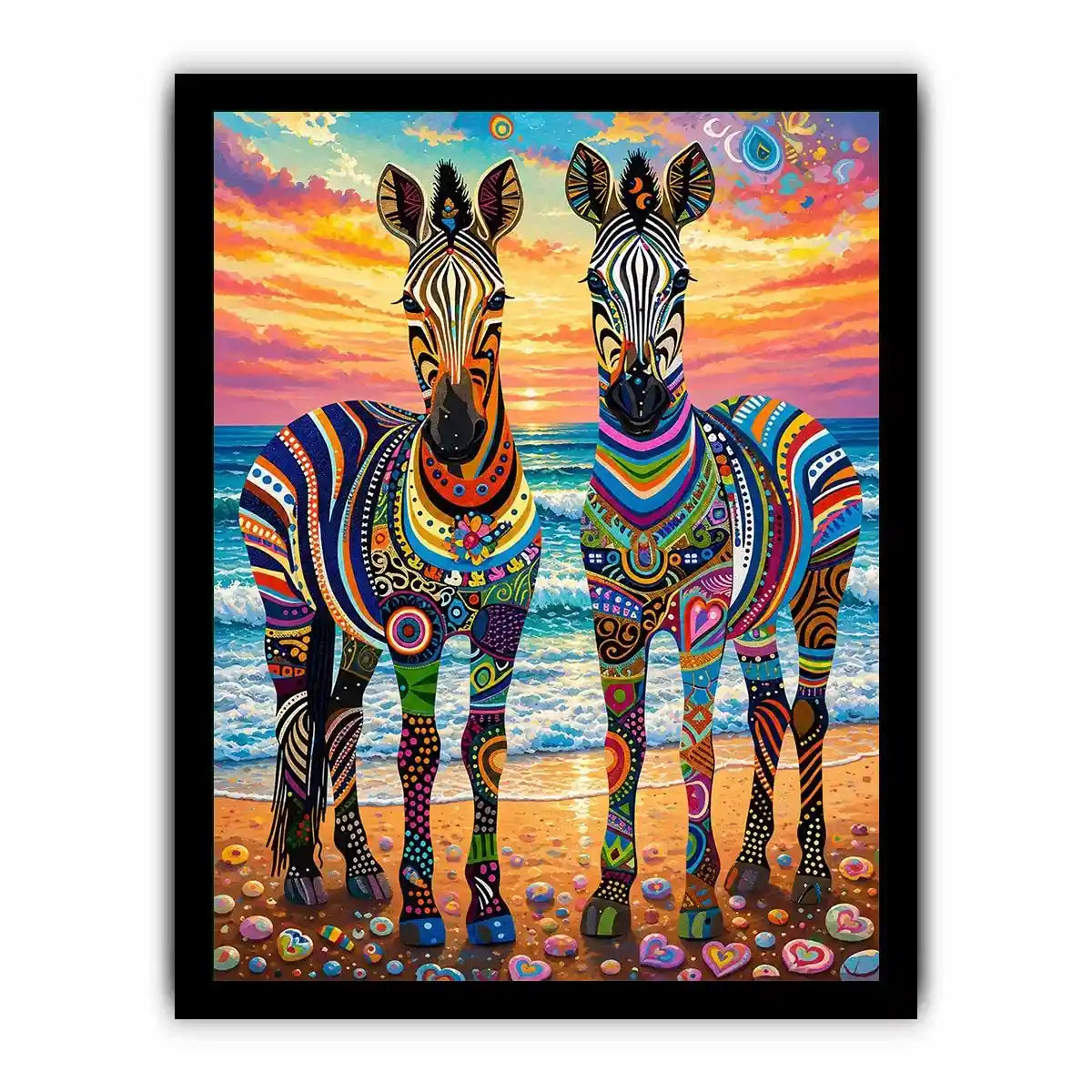Bright colorful zebra pop art wall art featuring vibrant patterned wildlife illustrations on a dreamy coastal background with bold artistic detail.