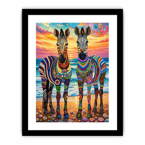 Bright colorful zebra pop art wall art featuring vibrant patterned wildlife illustrations on a dreamy coastal background with bold artistic detail.