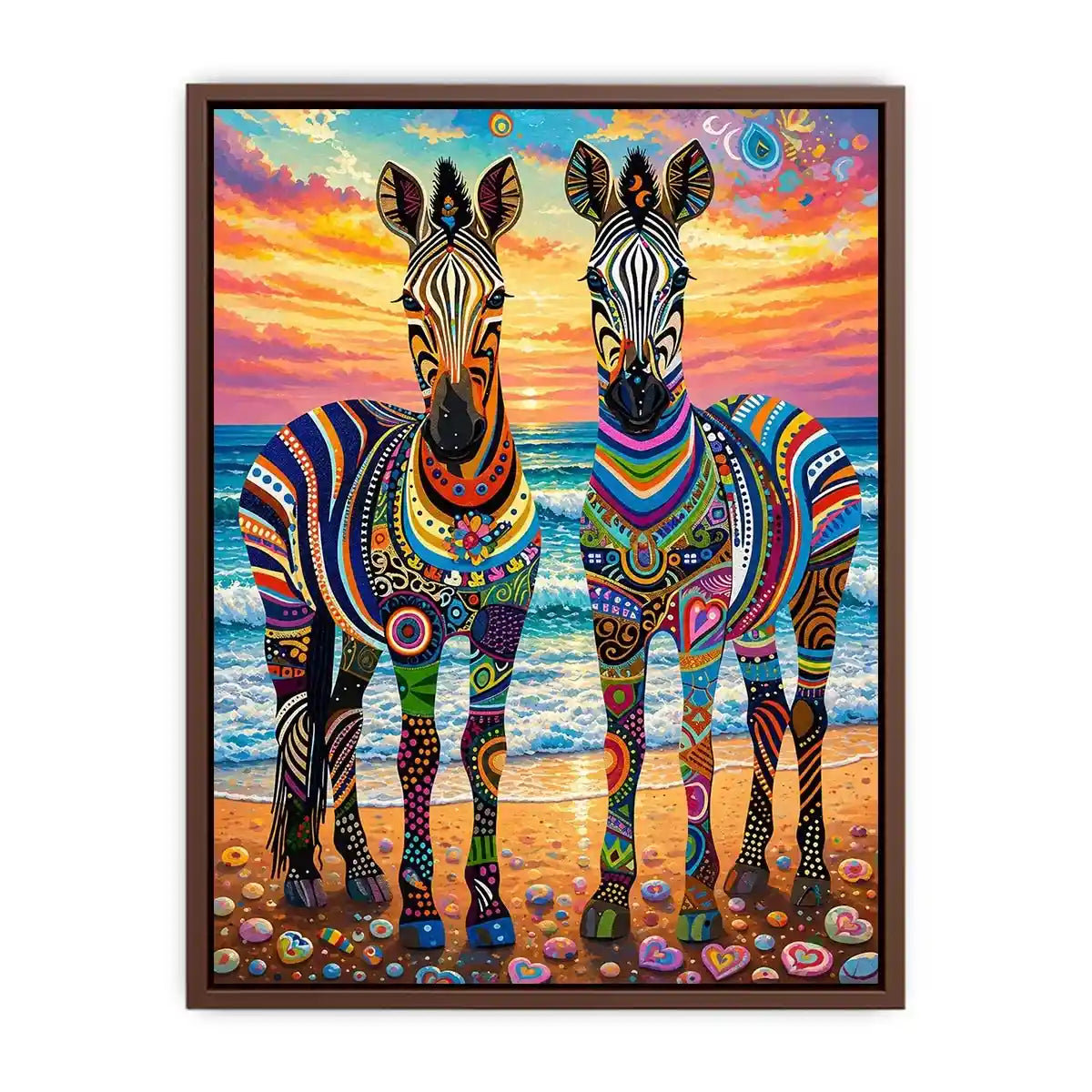 Bright colorful zebra pop art wall art featuring vibrant patterned wildlife illustrations on a dreamy coastal background with bold artistic detail.