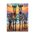Bright colorful zebra pop art wall art featuring vibrant patterned wildlife illustrations on a dreamy coastal background with bold artistic detail.
