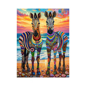 Bright colorful zebra pop art wall art featuring vibrant patterned wildlife illustrations on a dreamy coastal background with bold artistic detail.