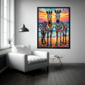 Bright colorful zebra pop art wall art featuring vibrant patterned wildlife illustrations on a dreamy coastal background with bold artistic detail.
