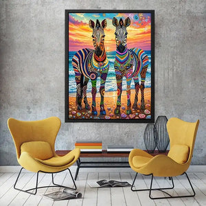 Bright colorful zebra pop art wall art featuring vibrant patterned wildlife illustrations on a dreamy coastal background with bold artistic detail.
